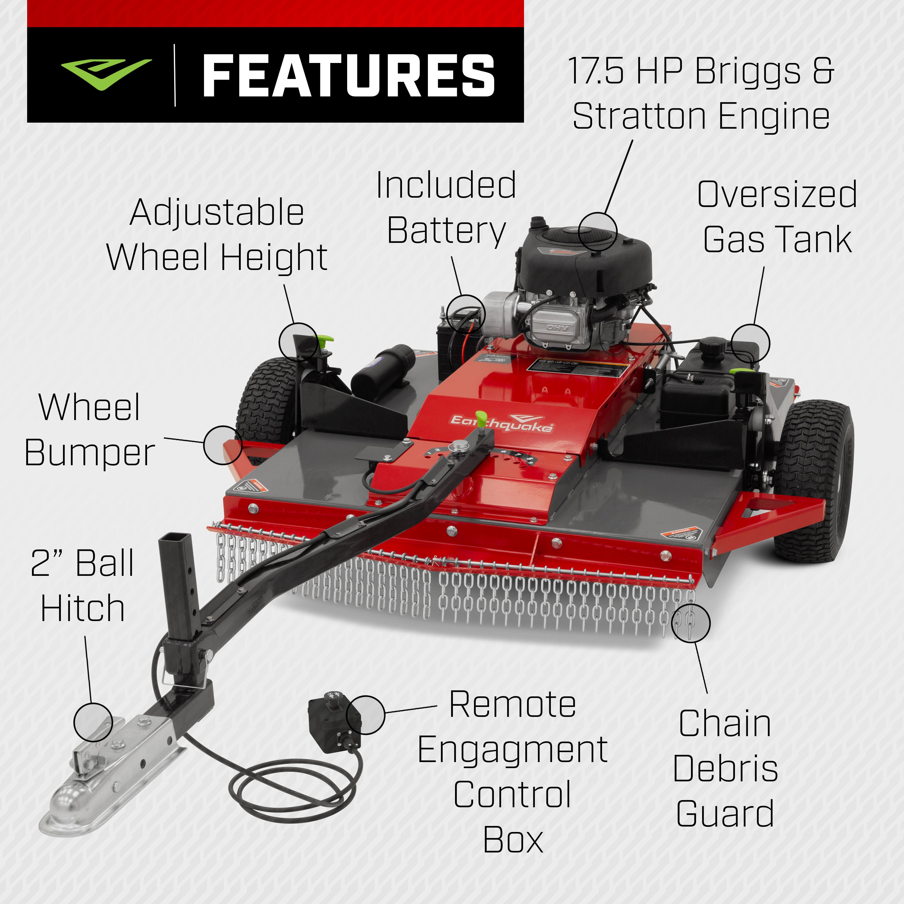 Red Acreage RE mower with labeled features on a white background